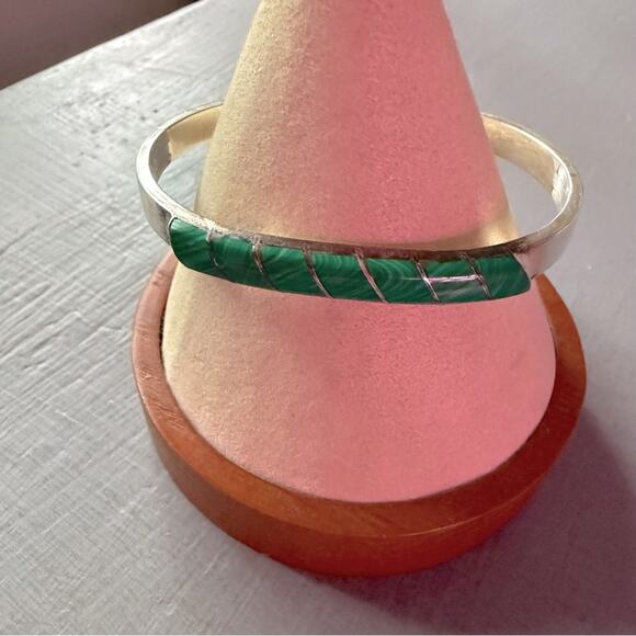Taxco Mexico 925 Sterling Silver Malachite Stone Bangle Bracelet - Picture 6 of 13